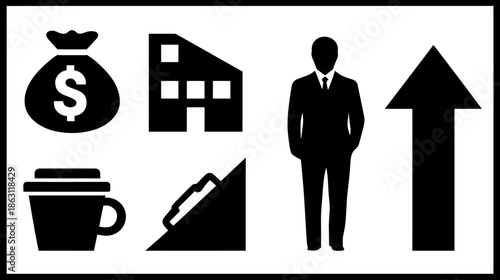 Essential business icons set: money bag, office building, professional man, upward arrow, coffee cup, and sandwich for success & daily life
