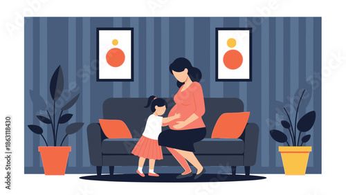 A pregnant woman sits on a sofa with her young daughter in a cozy living room