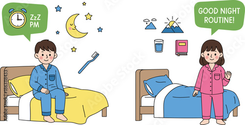 Children Getting Ready for Bed Illustration Set Featuring Good Night Routine Habits with Pajamas Brushing Teeth and Reading a Book