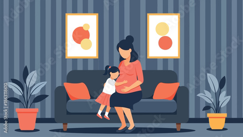 A pregnant woman sits on a sofa with her young daughter in a cozy living room