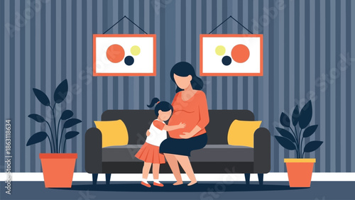 A pregnant woman and her young daughter share a tender moment on a comfortable sofa