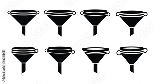 Black and white illustration of funnels in varying orientations and arrangements