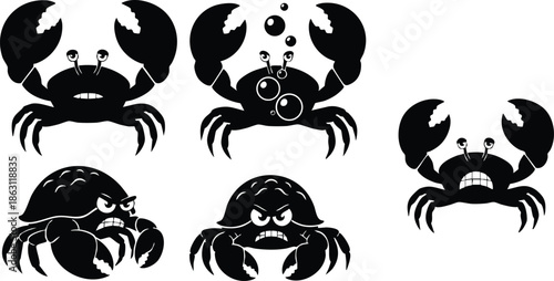 Minimalist icon sheet five black crab silhouettes various expressions facing forward side and three quarter view isolated vector art for kids decor playful sticker flat simple