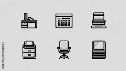 Modern Office Supplies and Furniture Icons Set: Desk, Calculator, Shredder, Printer, Chair, and Monitor for Business Graphics