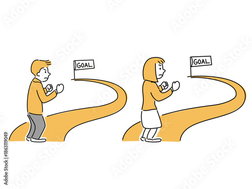 ゴールを目指す男女の線画イラスト / Men and Women Aiming for Goal Illustration