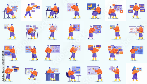 Modern Flat Design Businessman Analyzing Data in Office Illustration Set