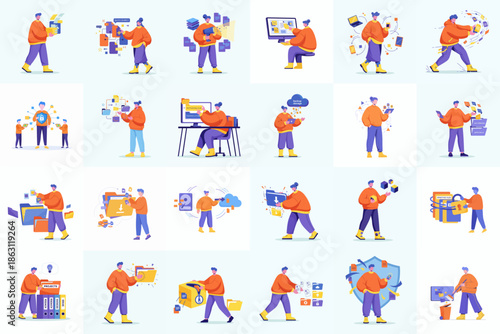 Modern Flat Illustration Man Character Doing Different Activities Concept Set
