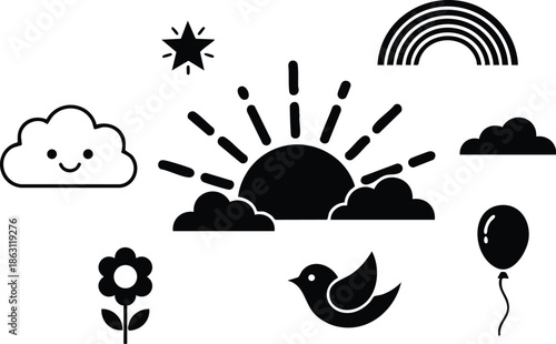 Flat design whimsical nursery icon set sunrise smiling cloud rainbow bird flower balloon simple silhouette vector art for childrens decor playful bright minimal friendly layout collection