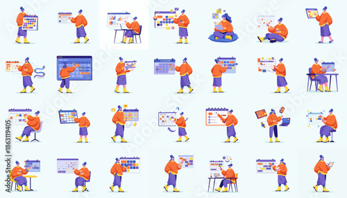 Modern Flat Style Character Planning and Schedule with Calendar Illustration Set