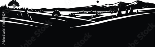 Flat design high contrast panoramic black and white landscape silhouette with rolling hills scattered trees low sun on horizon wide minimal clean bold negative space composition