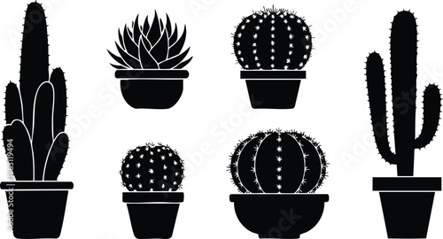 Flat design silhouette set of six potted cactus and succulent icons including tall columnar cactus round barrel cactus and rosette succulent in black monochrome vector art