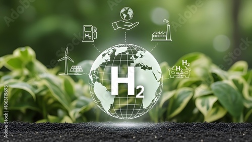 glowing H2 symbol on earth, surrounded by green energy icons for future sustainability.