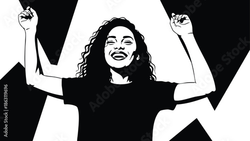 Minimalist vector art close up smiling woman with curly hair raising both arms in celebration facing camera against bold black shapes high contrast joyful expression portrait
