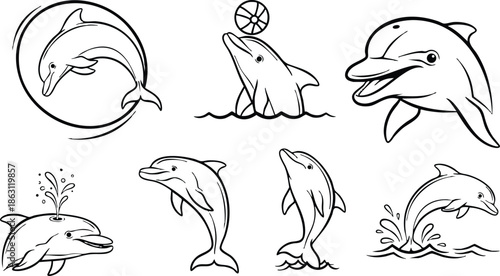 Line art circle and outline dolphin icons set showing multiple poses jumping splashing swimming breaching looking at camera side profile minimal black stroke vector art collection