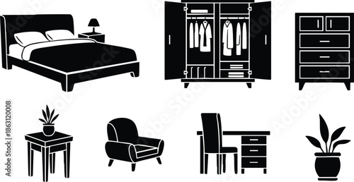Flat design black silhouette bedroom furniture icon set arranged in grid layout showing bed wardrobe dresser nightstand bedside table armchair desk and potted plant minimalist clean