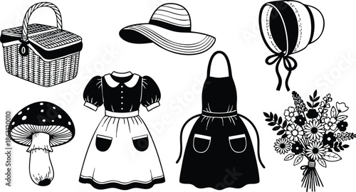 Line art sheet of picnic basket sun hat balloon mushroom two vintage dresses apron and floral bouquet arranged in flat clipart composition isolated black outline set