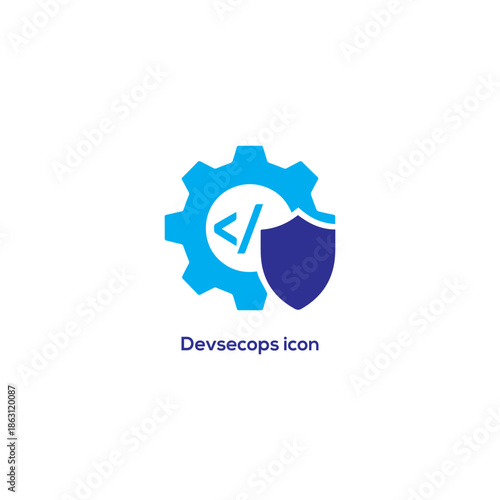 Blue DevSecOps icon with gear, shields and circular arrows, secure devops automation cybersecurity loop logo on white background isolated

