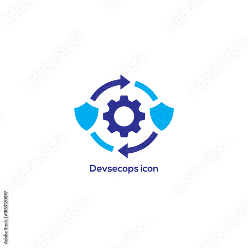 Blue DevSecOps icon with gear, shields and circular arrows, secure devops automation cybersecurity loop logo on white background isolated

