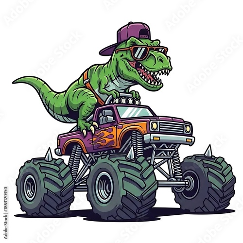 Cartoon Dinosaur Riding Monster Truck Vehicle.