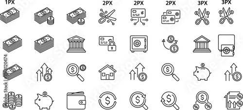 Financial Banking and Money Management Line Icon Set Featuring Cash Savings Investment Credit Cards Insurance Piggy Banks and Professional Currency Growth