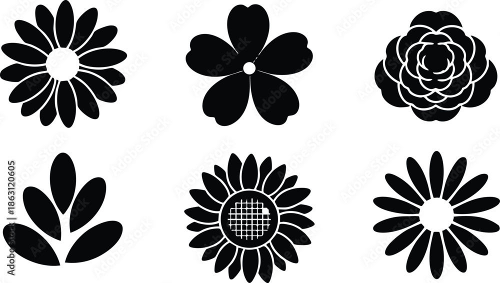 Fototapeta premium Flat design sheet of six floral silhouette icons arranged in two rows isolated on white background bold black vector art simple minimalist uniform spacing rounded petal