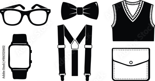 Flat design minimal black accessory icon set showcasing glasses bow tie sweater vest suspenders smartwatch and card wallet isolated on white clean vector art modern layout