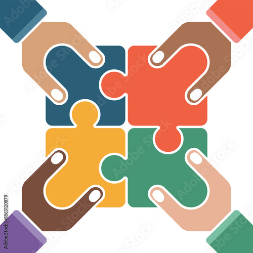 Hands from different skin tones collaboratively hold colorful jigsaw.