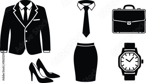 Flat design black business wardrobe icon set showing jacket tie skirt heels briefcase watch in simple bold silhouette on white background for branding web and interface