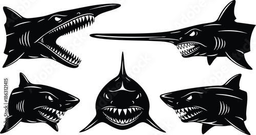 Tattoo flash aggressive shark head set showing five angles with open jaws side profile frontal top three quarter views bold black silhouette vector art menacing detailed