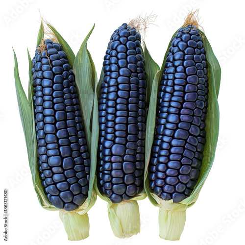 Three ears of vibrant blue corn with green husks and silk, isolated on black