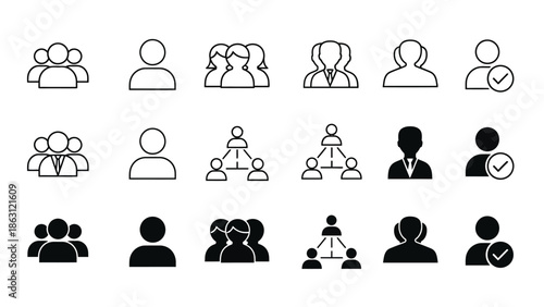 Collection of diverse black and white user icon sets depicting individuals and groups
