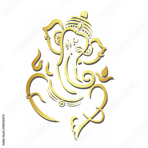 Elegant golden line art illustration of Lord Ganesha with flowing minimalist strokes, symbolizing spirituality, grace and modern Hindu sacred design