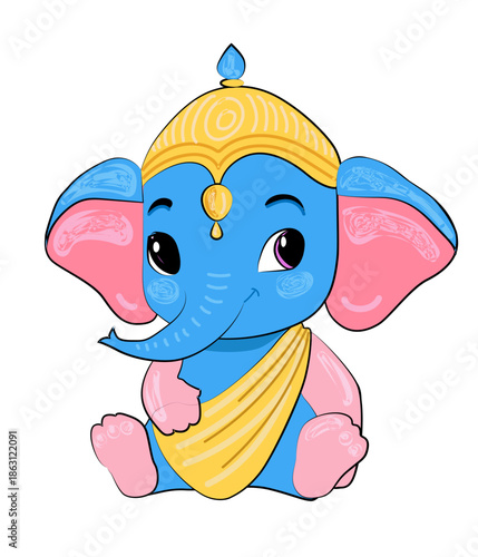 Cute baby Ganesha cartoon illustration sitting calmly with soft pastel colors, playful expression and child-friendly design symbolizing innocence and positivity