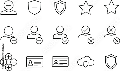 Professional Minimalist Line Icons Set Featuring User Profiles Security Shields Star Ratings Identity Cards Cloud Protection and Data Privacy Symbols