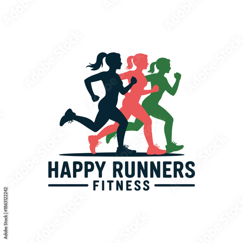 Three female runner silhouettes form a fitness logo design with running.