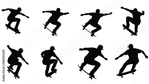 Dynamic skateboarding poses captured in striking black and white silhouette