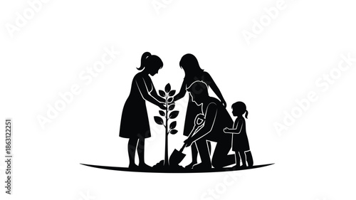 Family planting a tree together a heartwarming scene in silhouette