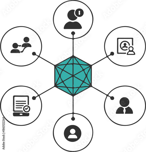 Social network connection illustration with people and technology icons