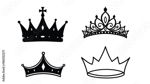Four ornate crowns depicted in black showcasing regal design silhouette
