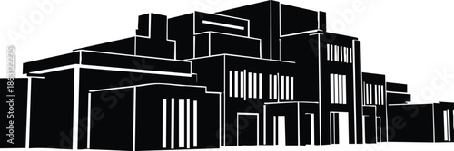 Minimalist silhouette vector art front view modern cultural center building complex in low angle perspective high contrast black and white graphic composition geometric forms stacked volumes