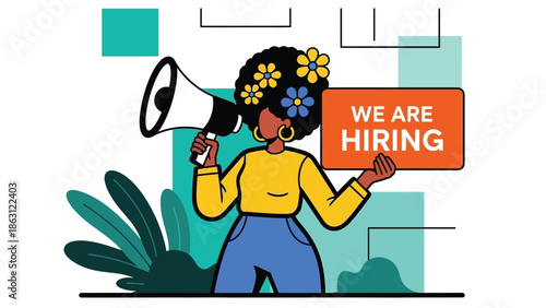 A vibrant illustration depicts a woman announcing job opportunities with a megaphone and hiring sign