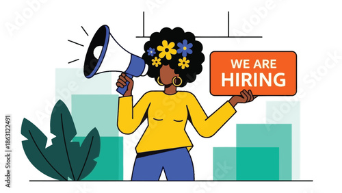 Woman announcing job openings with a megaphone and we are hiring sign