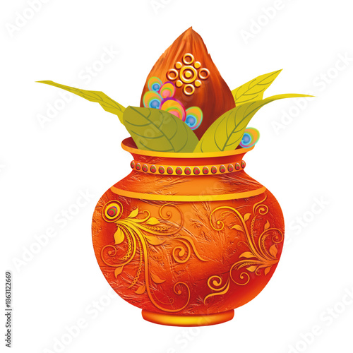 Ornate Indian festival kalash pot illustration with coconut leaves and decorative floral patterns, symbol of prosperity, rituals and Hindu celebrations