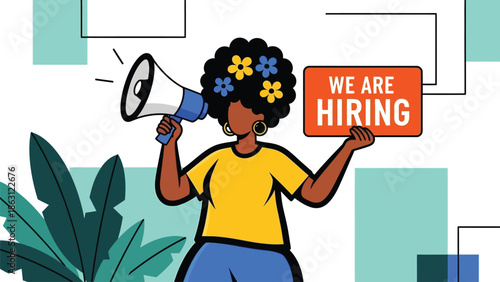 A vibrant illustration showcasing a person announcing job opportunities with a megaphone
