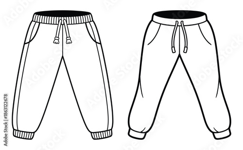 Jogger Pants Vector Illustration – Front and Back View of Sweatpants Flat Line Design
