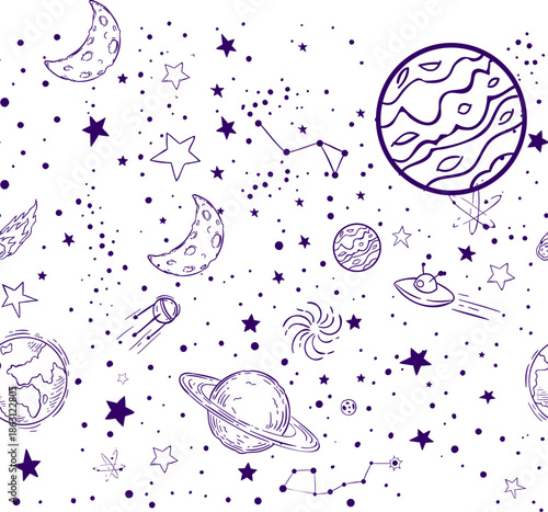 Whimsical space doodle pattern with planets, stars, rockets and constellations in hand-drawn style, playful cosmic illustration for kids and creative projects