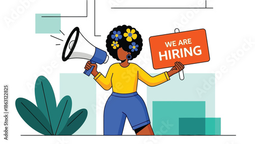 Woman announcing job opportunities with a megaphone and a hiring sign illustration