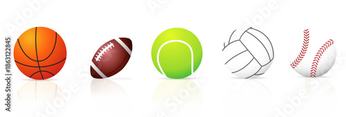 Clean row of illustrated sports balls including basketball, rugby, tennis, volleyball and baseball icons, isolated on white background for sports branding and education