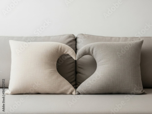 Valentine's Day. Heart-shaped decorative pillows on sofa in modern living room  