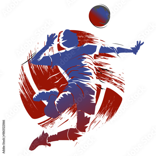 Dynamic soccer player illustration performing an acrobatic kick with bold red and blue brush strokes, expressive motion, energetic style, and modern sports art aesthetic